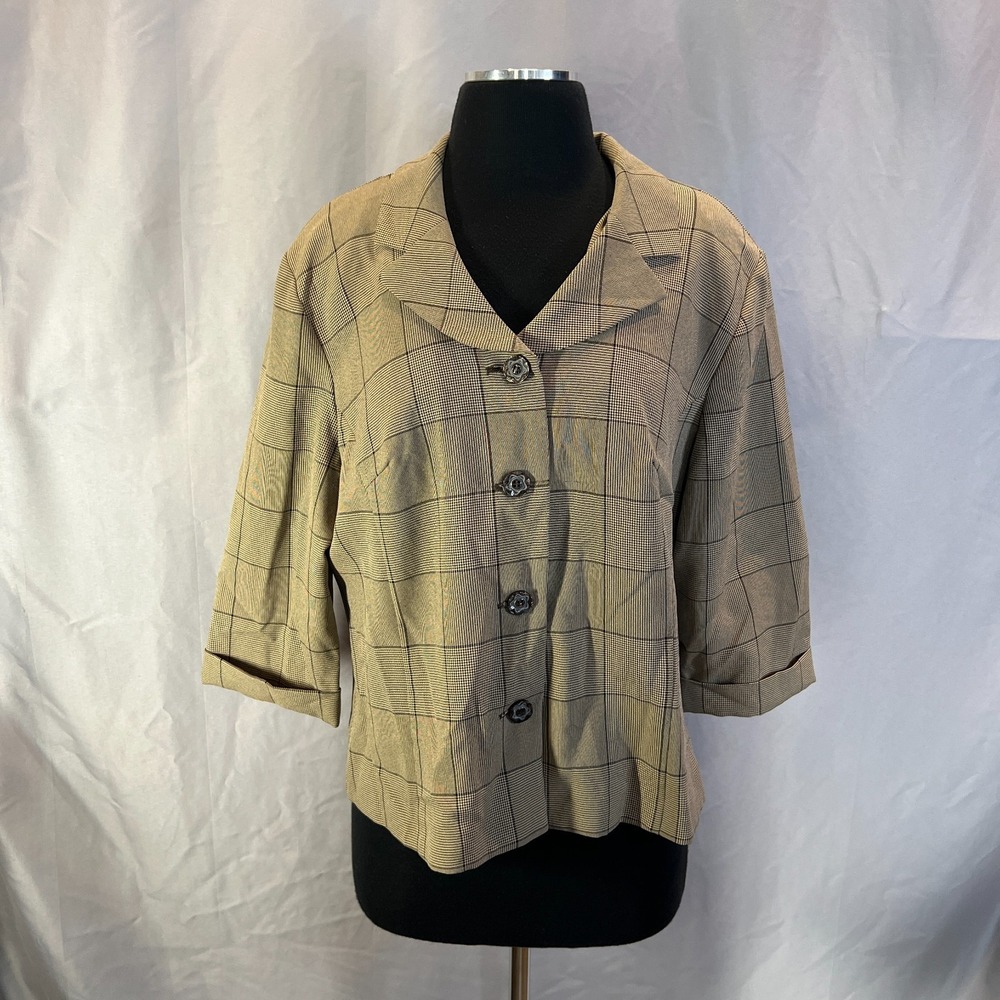 Sweet Suit Cro Blazer Jacket Womens 16 Beige Plaid Single Breasted Notch Lapel